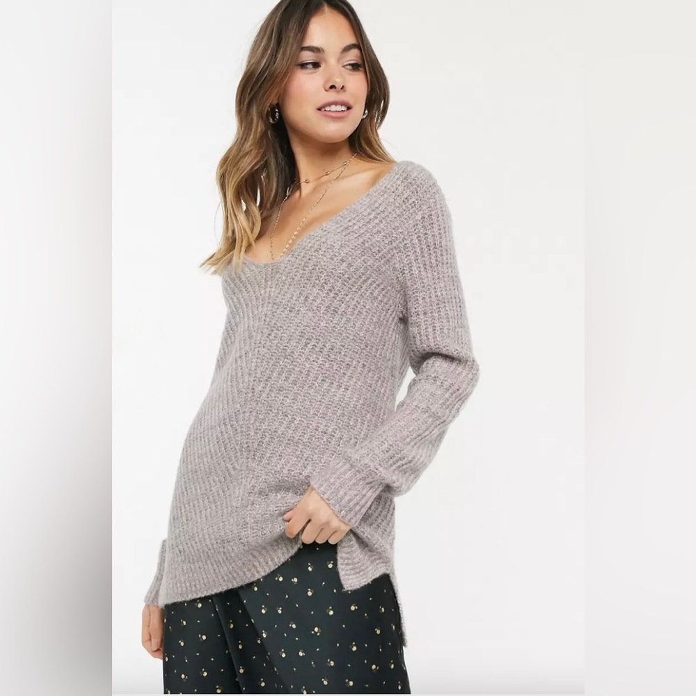 Abercrombie & Fitch V-Neck Knitted Sweater in Rib - Pink/Grey Marl - M